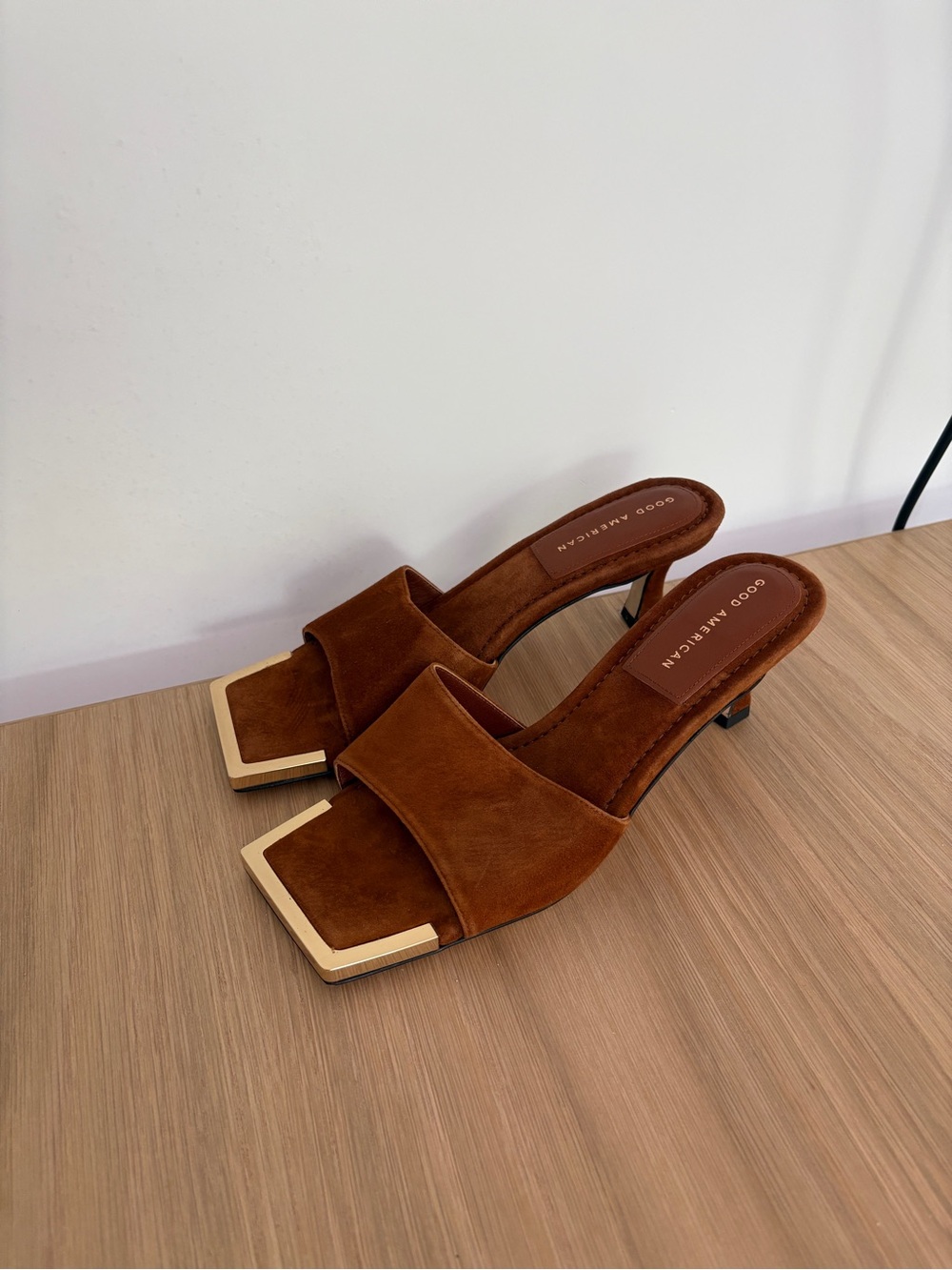 Good American Brown Suede Square-Toe Slide Mules with Gold Accent